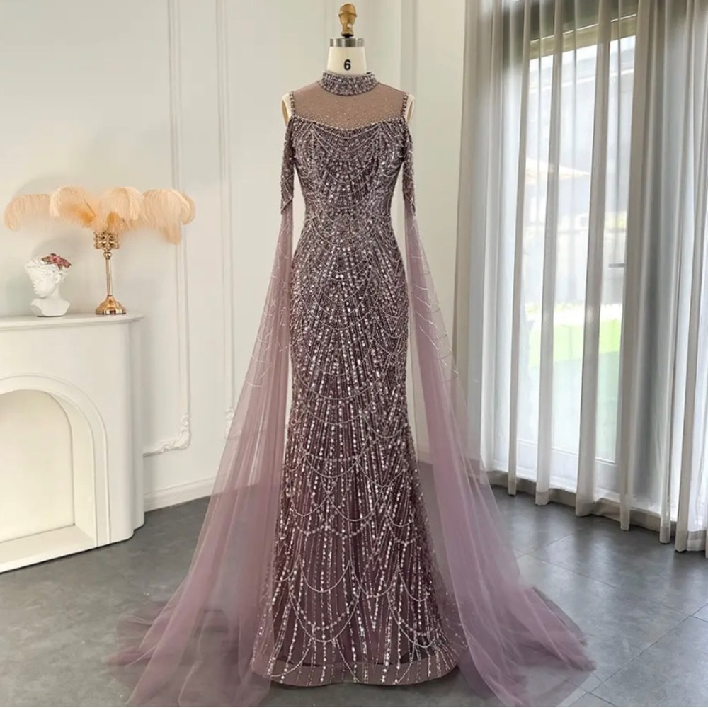 Mermaid purple luxury dress with cape sleeves